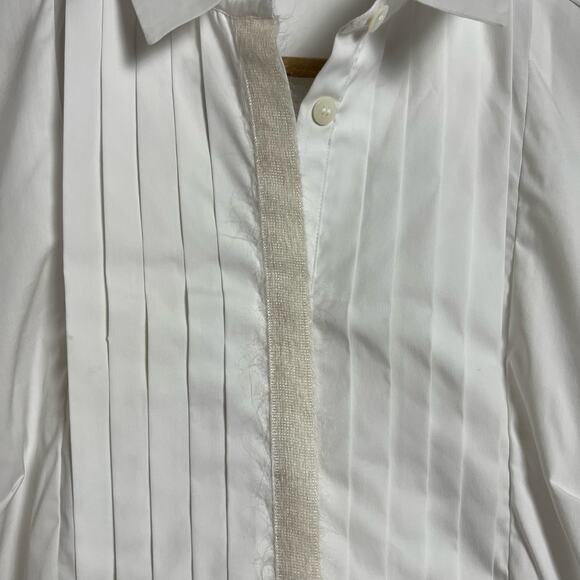 ELEVENTY Women's Solid White Pleated Bib Button Front Long Sleeve Shirt Size 8 - Picture 6 of 7